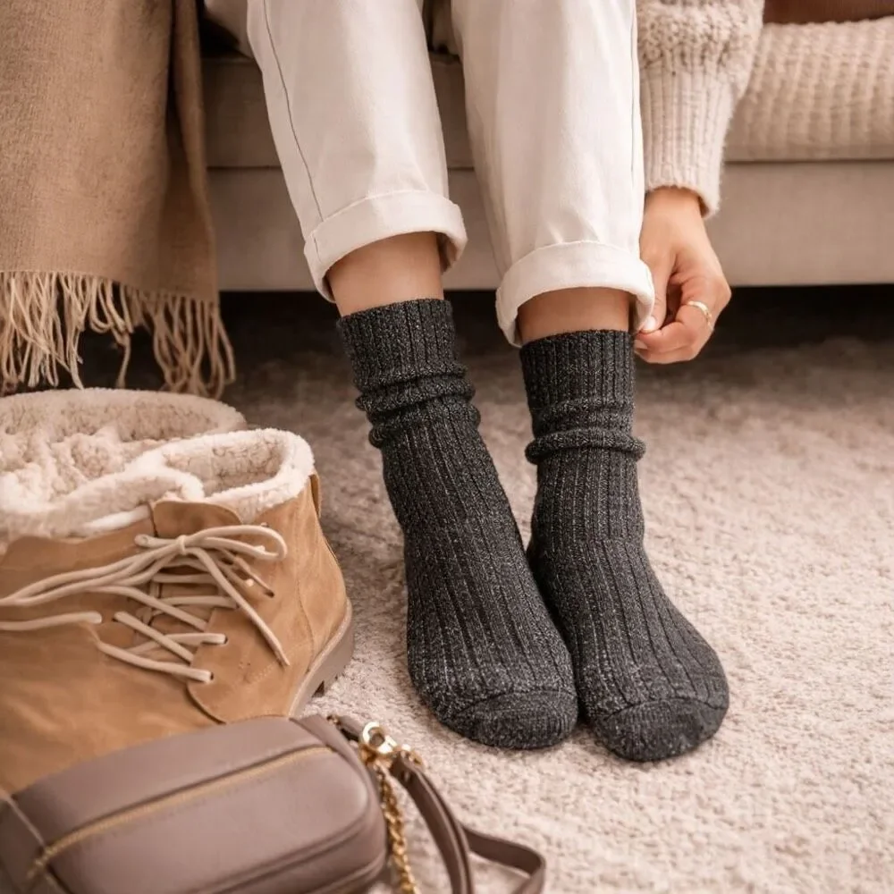 American Trench Premium Wool Silk Cable Knit Socks Charcoal Gray USA Women NWT